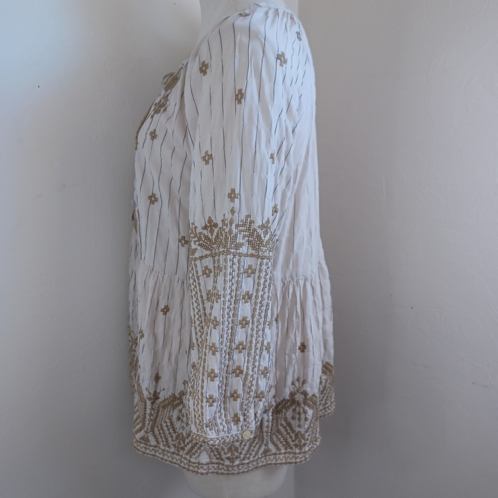 Johnny Was Workshop Embroidered Pinstripe Peasant Blouse Cream Tan Sz L - Picture 8 of 12